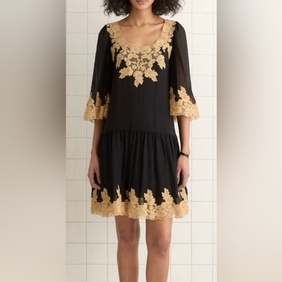 Bode Dresses & Skirts - Bode Marisel Dress Black Natural Lace Applique Mini Drop Waist WRS25DR022 XS New